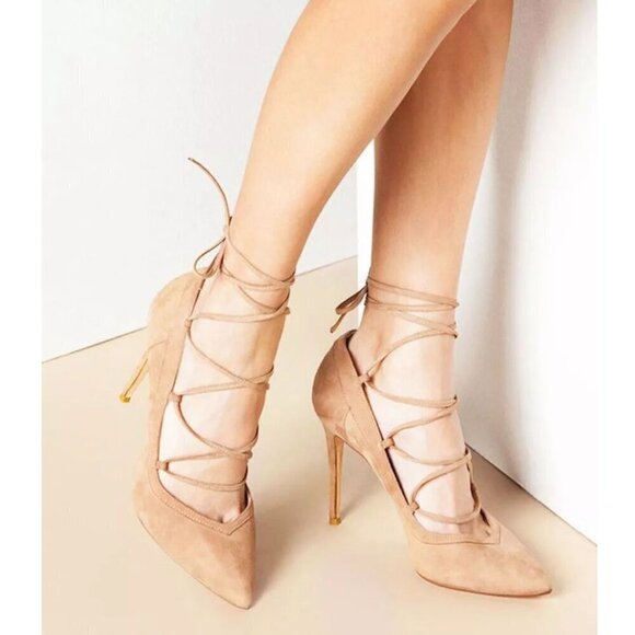 Raye Taylor Suede Lace Up Pumps Pointed Toe Brown Tan Size 40 US 10 - Picture 3 of 9